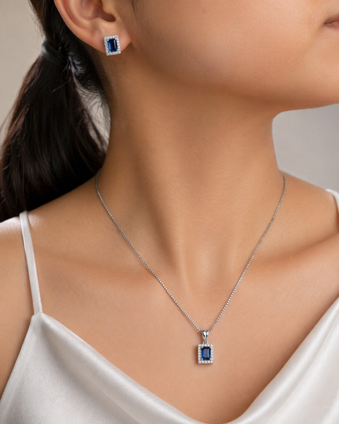 925 Sterling Silver Rhodium Plated Emerald-Cut Blue Sapphire & Halo Zirconia jewelry set