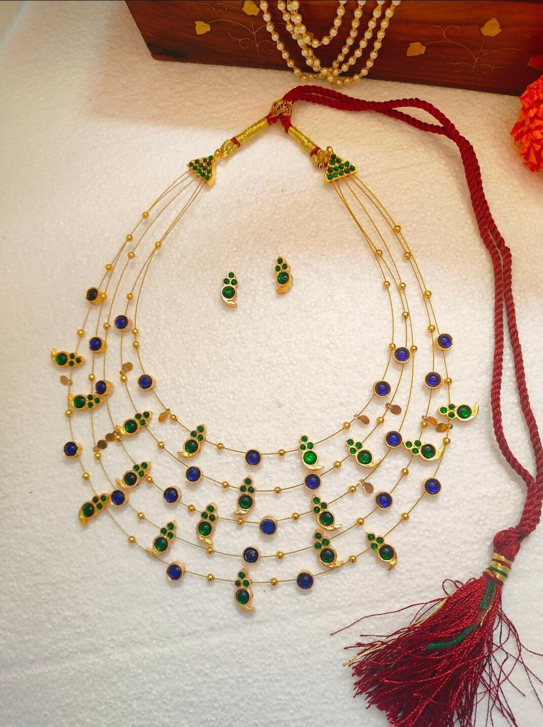 5 layered paisley necklace green blue