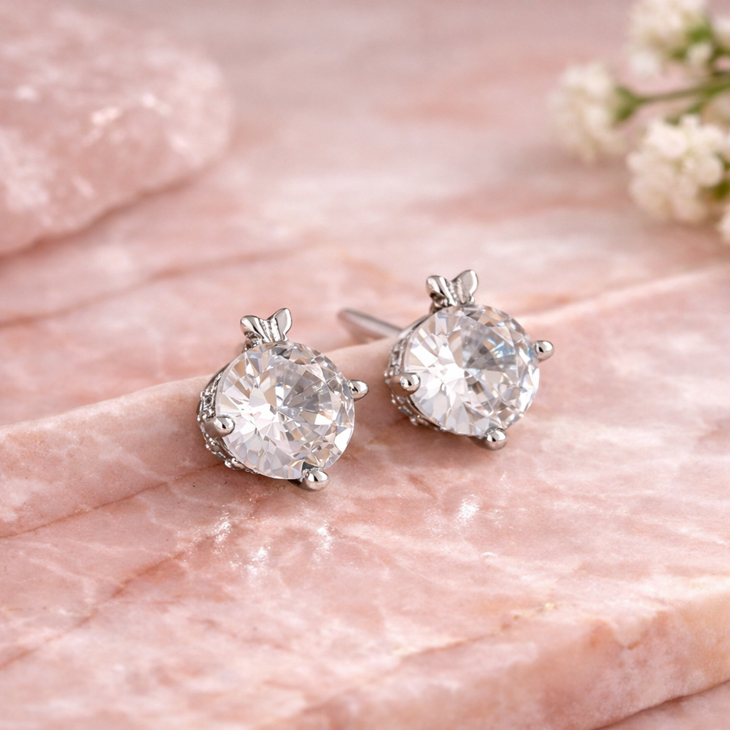 Elegant White Solitaire Sterling Silver Stud Earrings