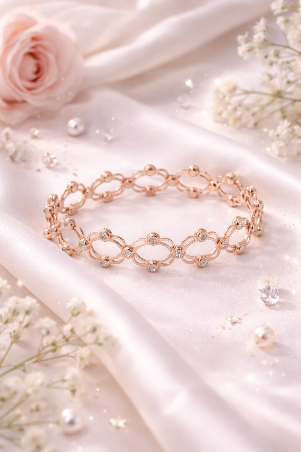 Delicate Adjustable Rose Gold Bracelet cum Ring with White Stones