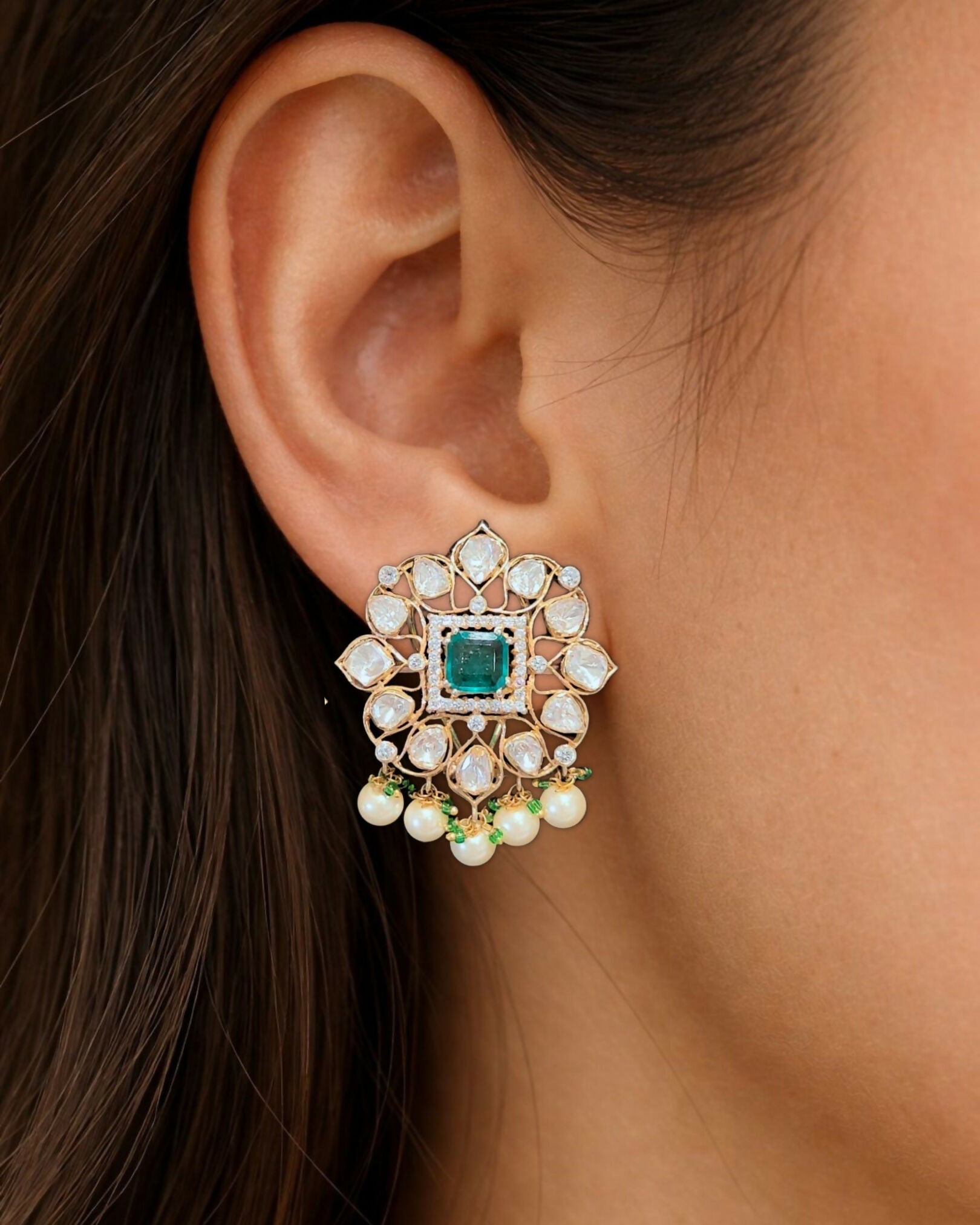 Moissanite Polki Emerald Studs
