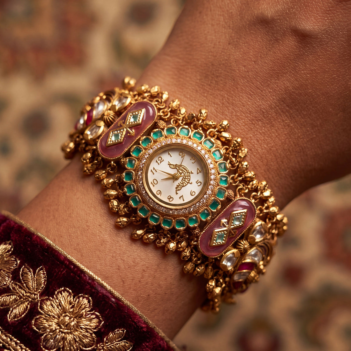 Antique Gold White Dial Peacock Motif Emerald Bezel Meenakari Ghungroo Bracelet Watch for Women & Girls | Stylish Watch | Wrist Watches for Girls | Ideal for gifting | Gift for Diwali, Christmas, Marriage, Birthday, anniversary, wedding