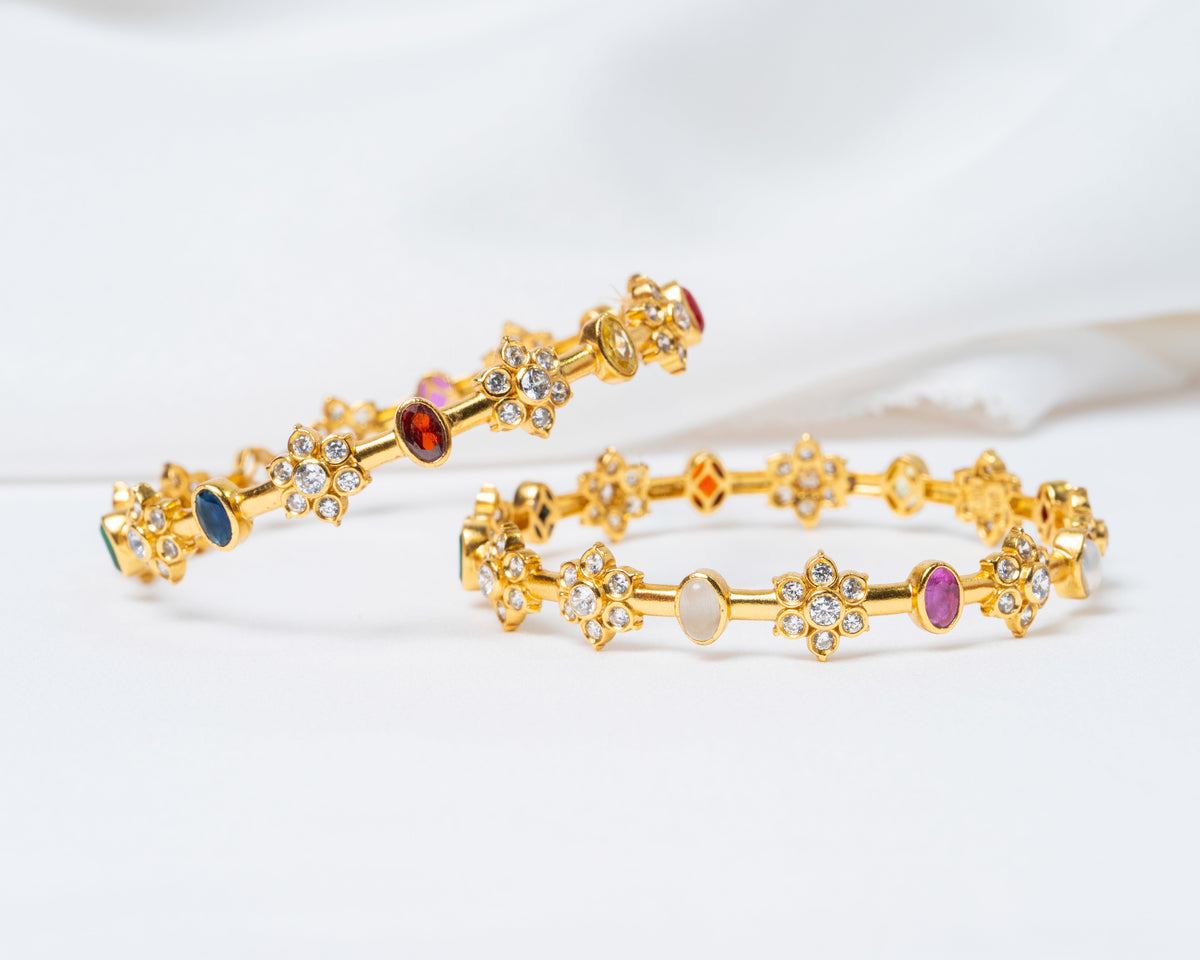 Gold-Plated Navratna Floral Stone Bangles with White Crystal Accents