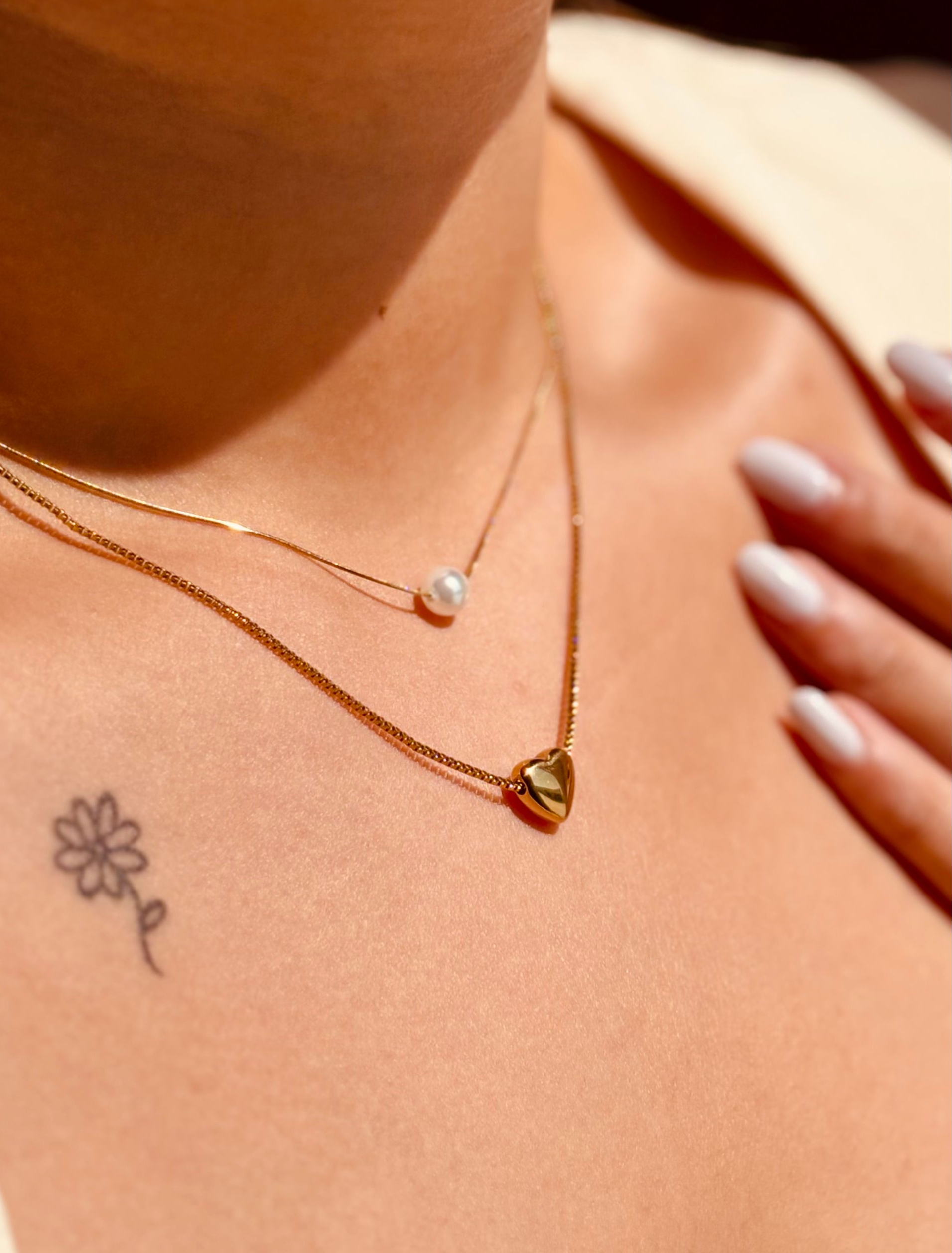 18k gold-plated double layer heart pearl necklace �? chic romantic double-layer heart pearl charm necklace, anti-tarnish and waterproof for evening and everyday wear.
