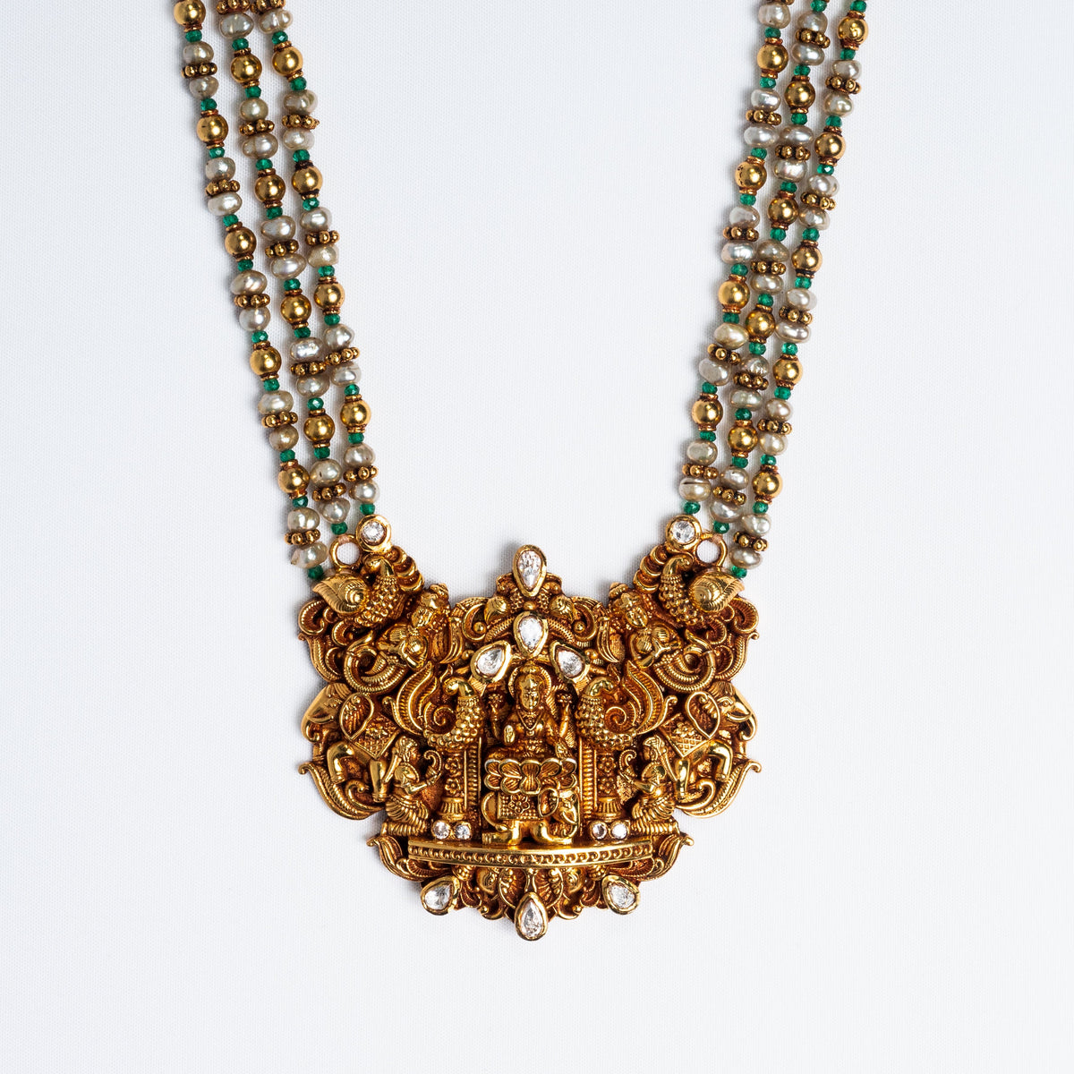 Lakshmi Temple Gold-Plated 925 Silver Haram with Pearls & Green Beads
