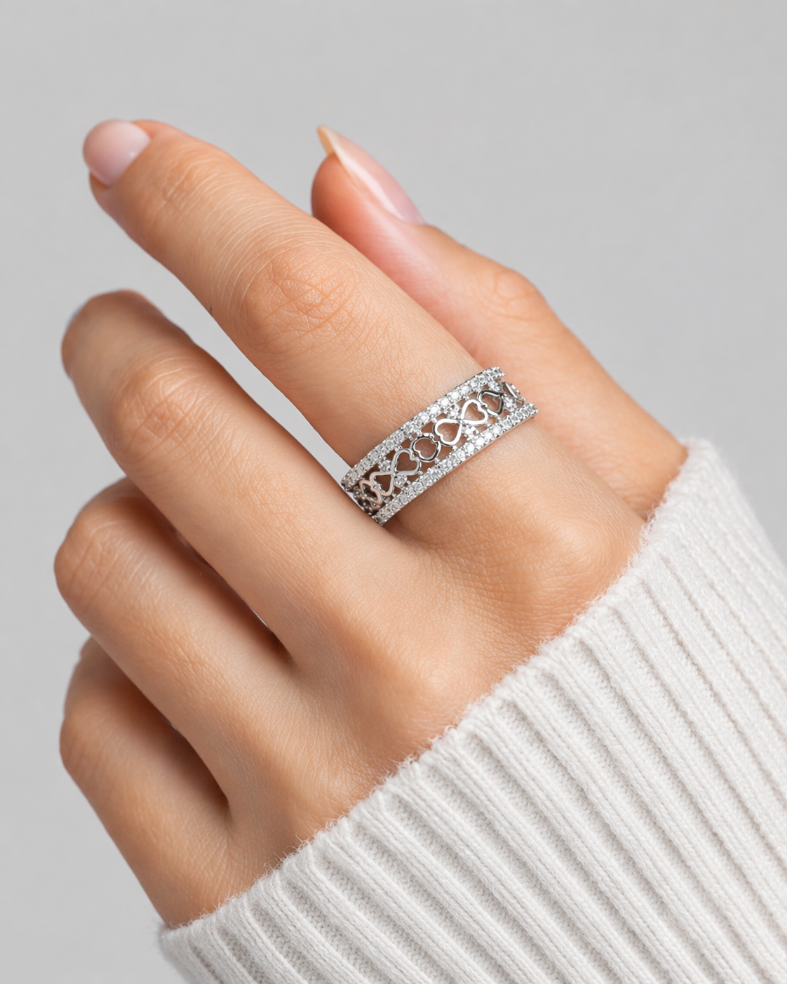 925 Sterling Silver Rhodium Plated Heart Motif Adjustable Pave Band Ring