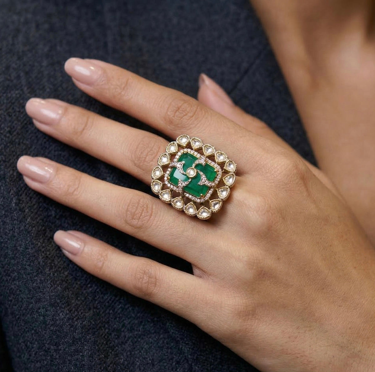 Emerald Polki Vintage Adjustable Ring