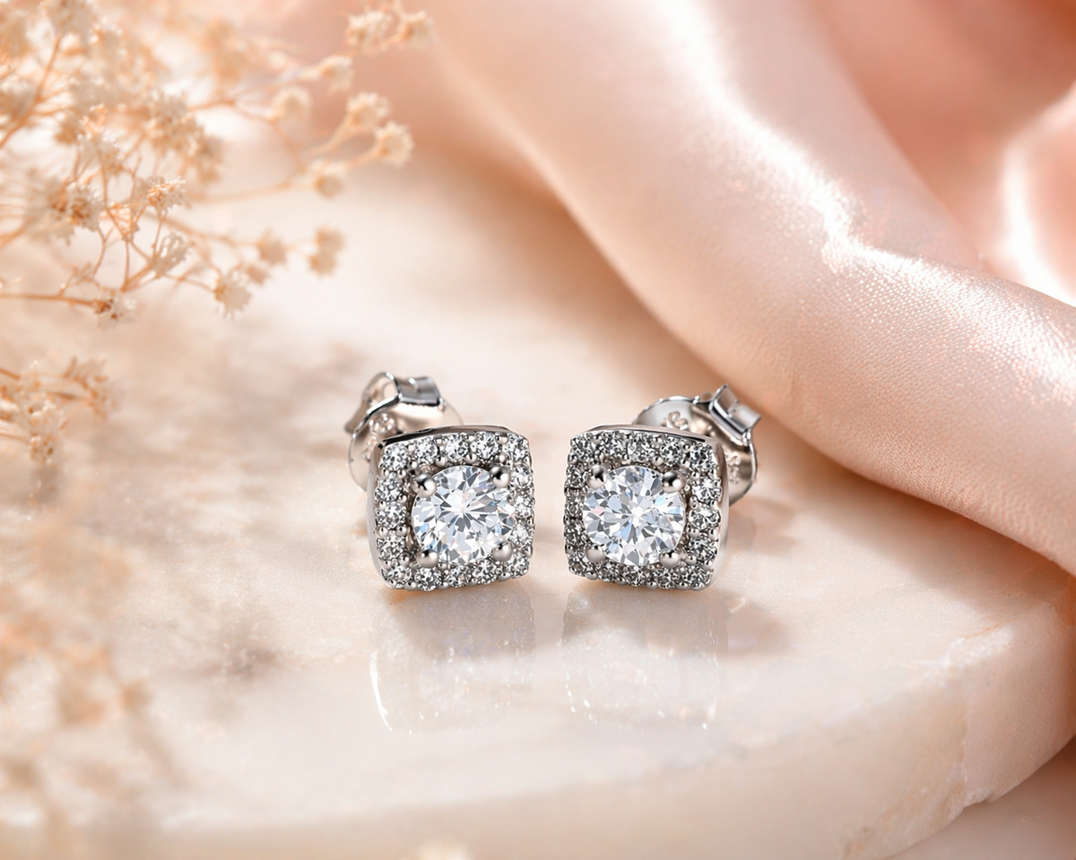 925 Sterling Silver Cushion Cut Halo CZ Stud Earrings