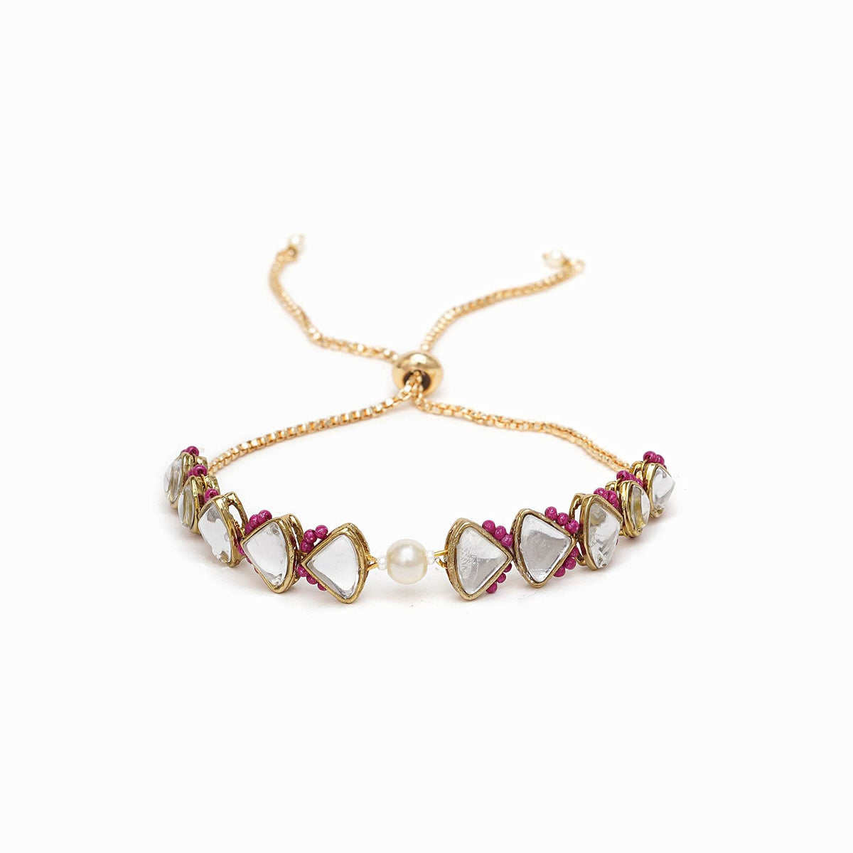 Golden Triangle Kundan & White Pearl Adjustable Bracelet - BeAbhika.com