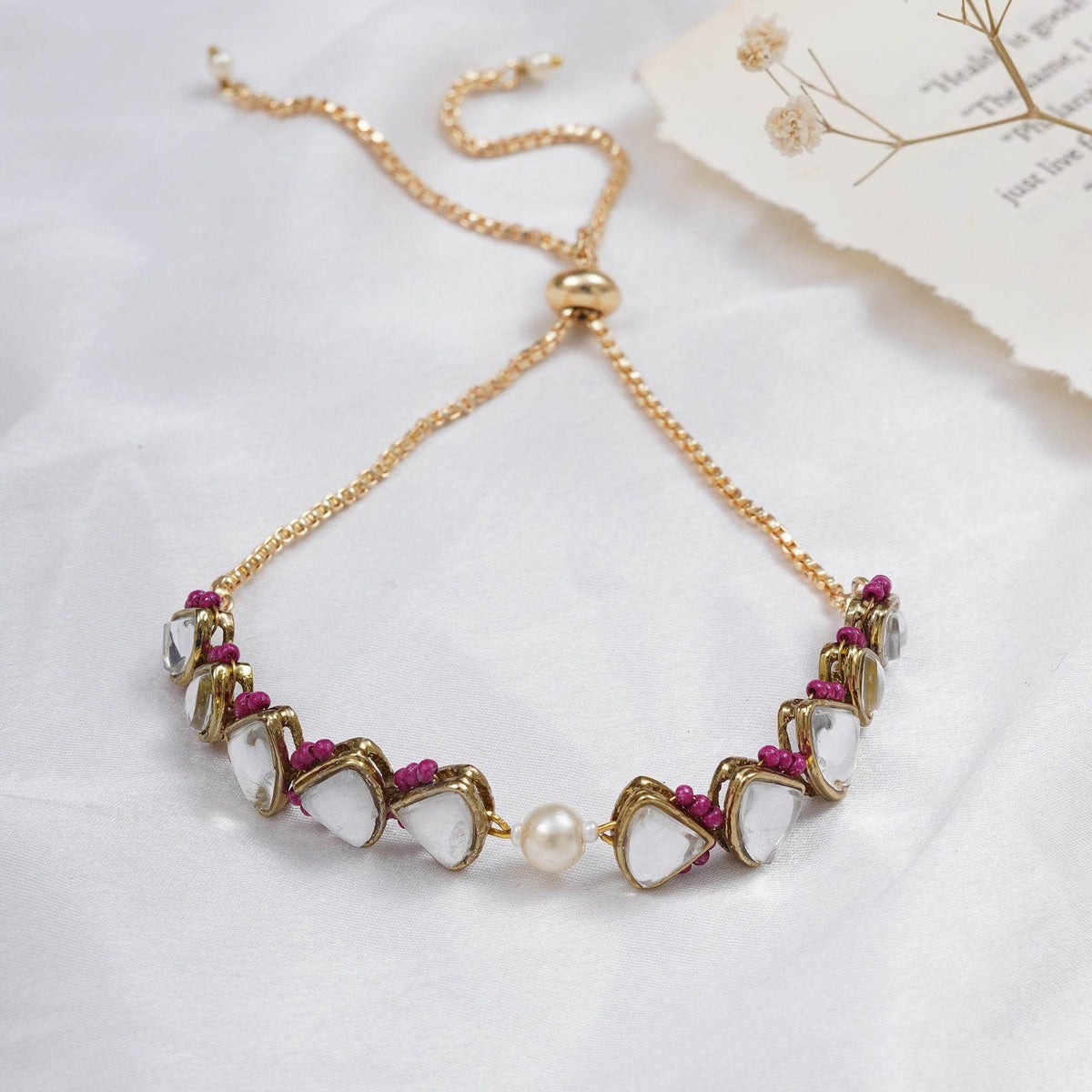 Golden Triangle Kundan & White Pearl Adjustable Bracelet - BeAbhika.com