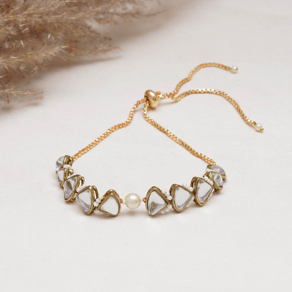 Golden Triangle Kundan & White Pearl Adjustable Bracelet - BeAbhika.com