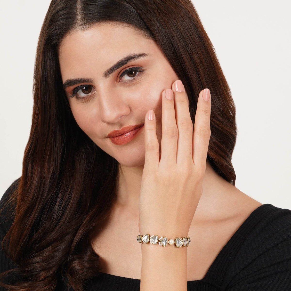 Golden Triangle Kundan & White Pearl Adjustable Bracelet - BeAbhika.com