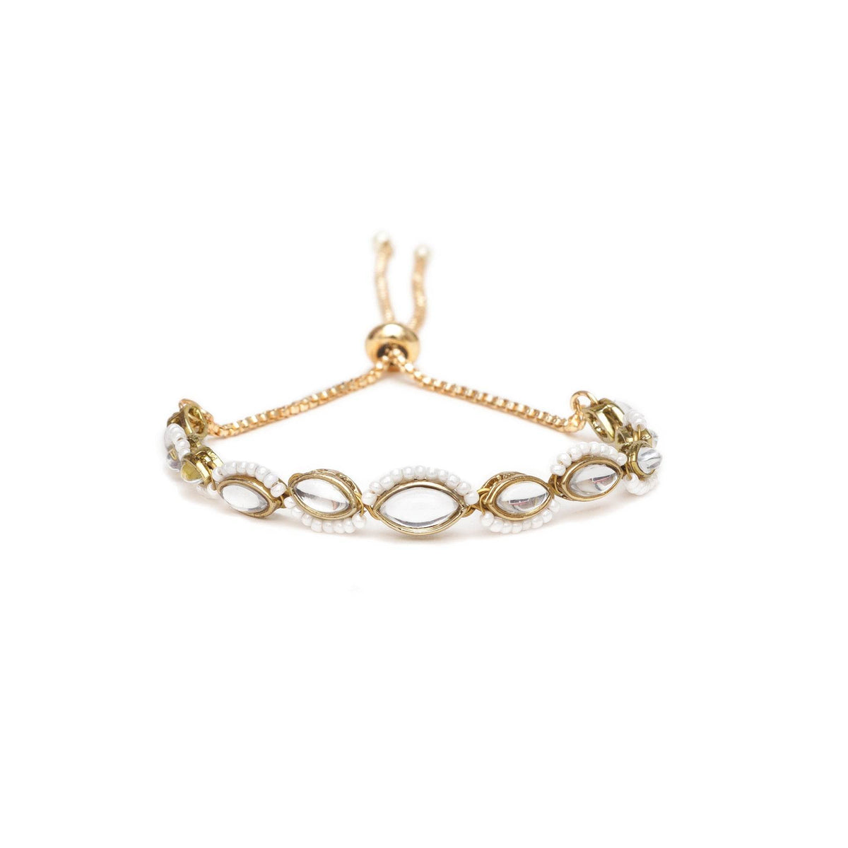 Golden Oval Shape Kundan & White Pearl Adjustable Bracelet - BeAbhika.com