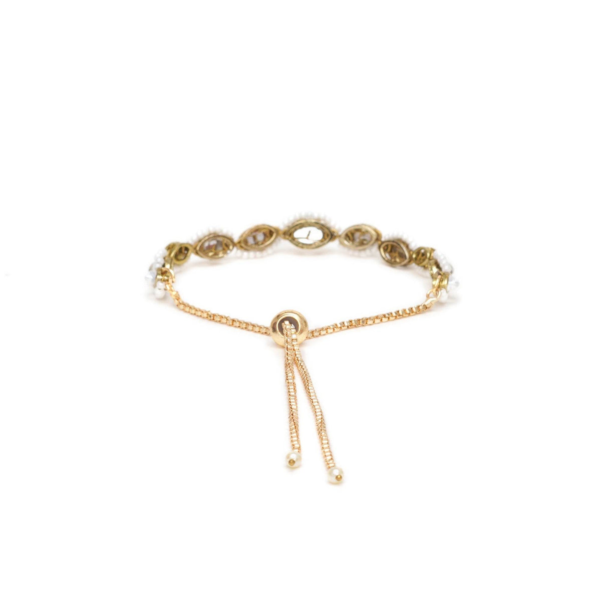 Golden Oval Shape Kundan & White Pearl Adjustable Bracelet - BeAbhika.com