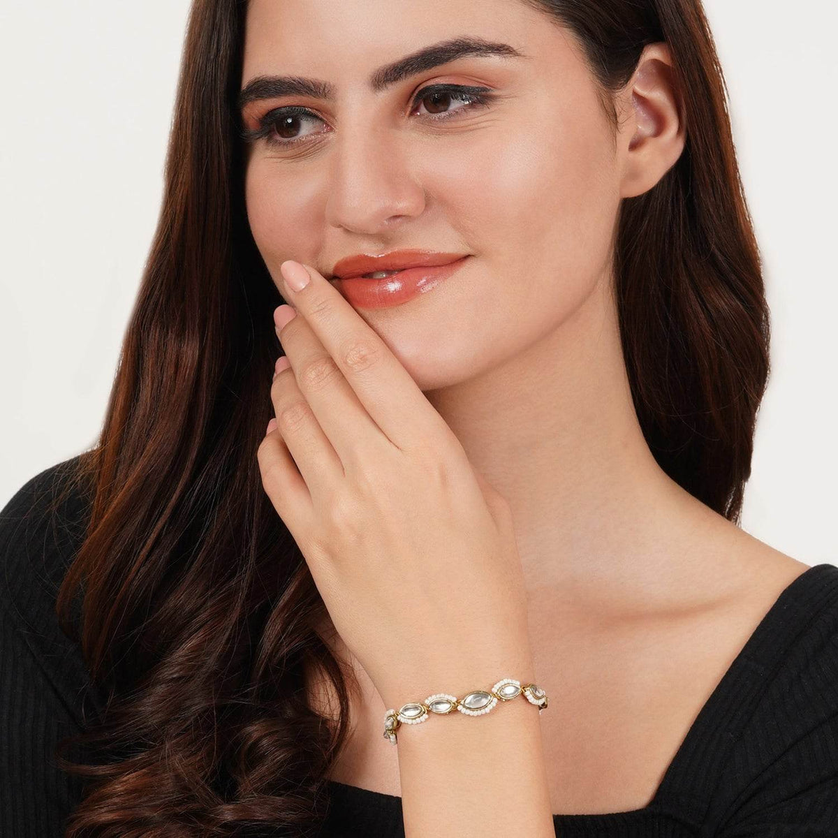 Golden Oval Shape Kundan & White Pearl Adjustable Bracelet - BeAbhika.com