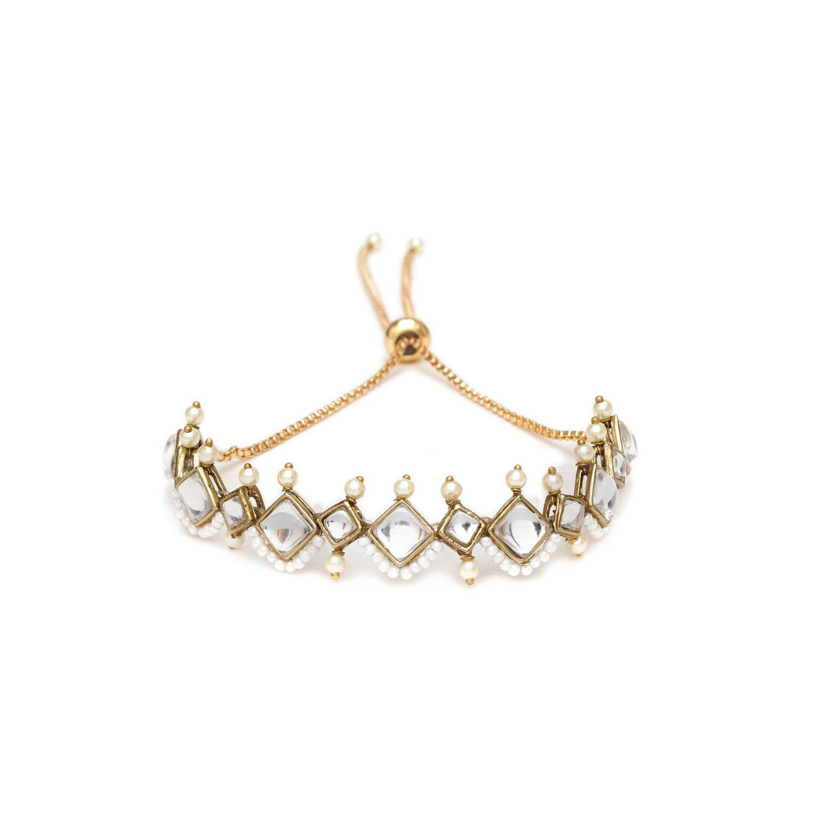 Golden Kite Shaped Kundan With White Pearls Adjustable Bracelet - BeAbhika.com