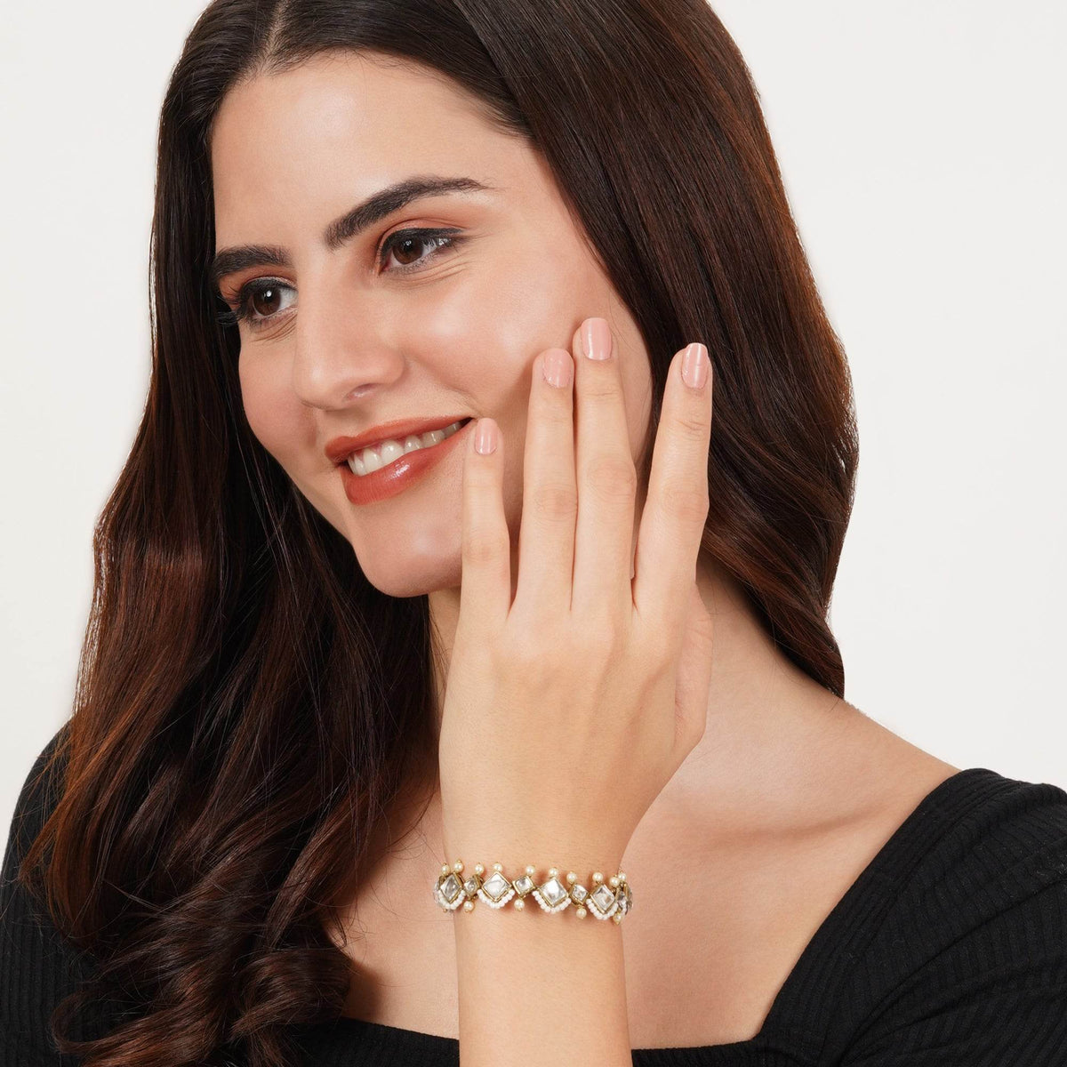 Golden Kite Shaped Kundan With White Pearls Adjustable Bracelet - BeAbhika.com