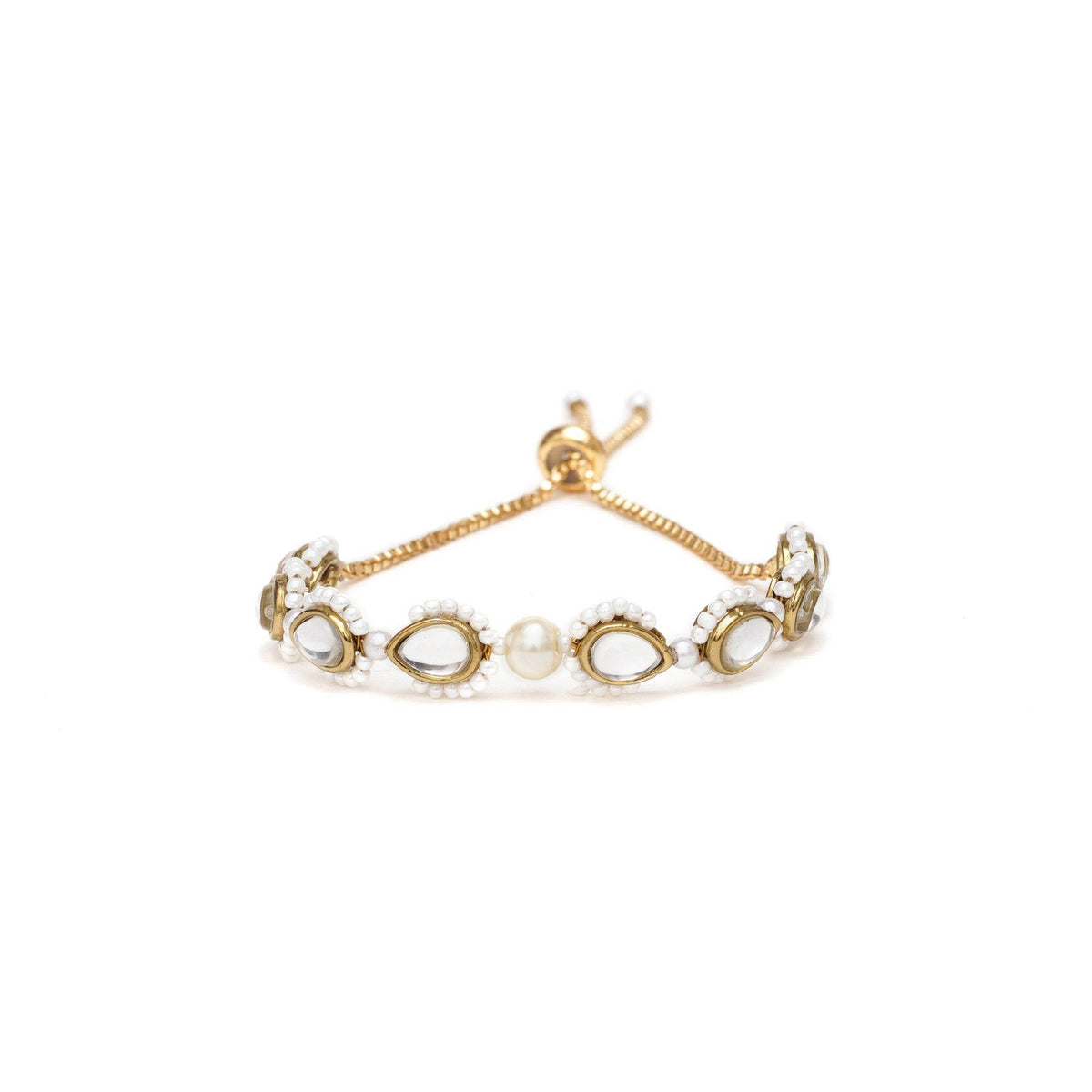 Golden Tilak Kundan With White Pearls Adjustable Bracelet - BeAbhika.com