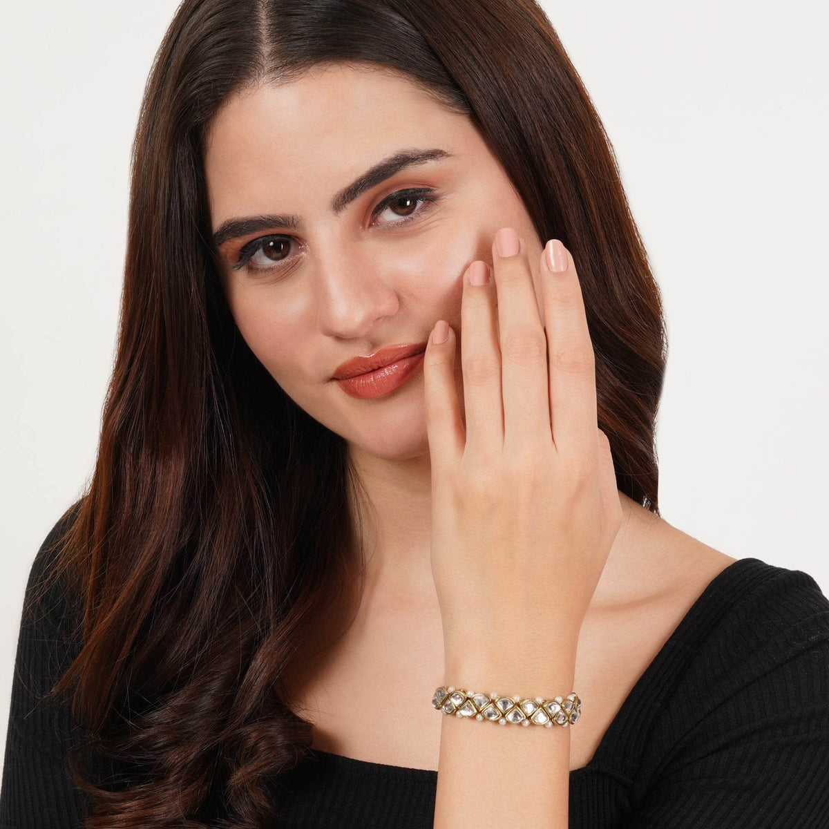 Golden Triangle Kundan With White Pearls Adjustable Bracelet - BeAbhika.com