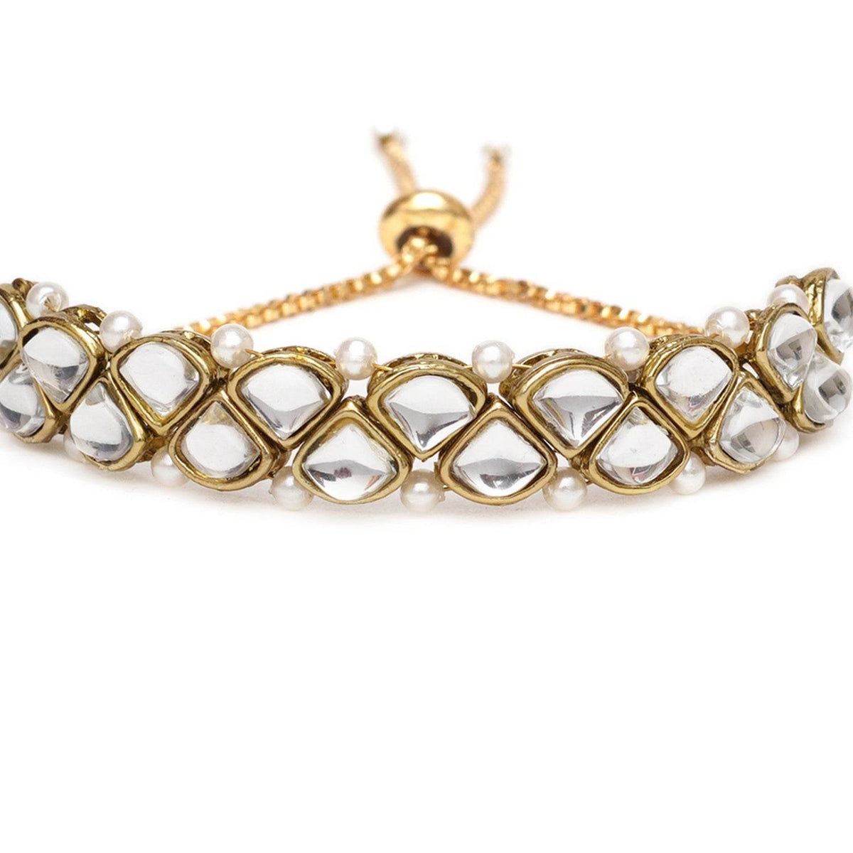 Golden Triangle Kundan With White Pearls Adjustable Bracelet - BeAbhika.com