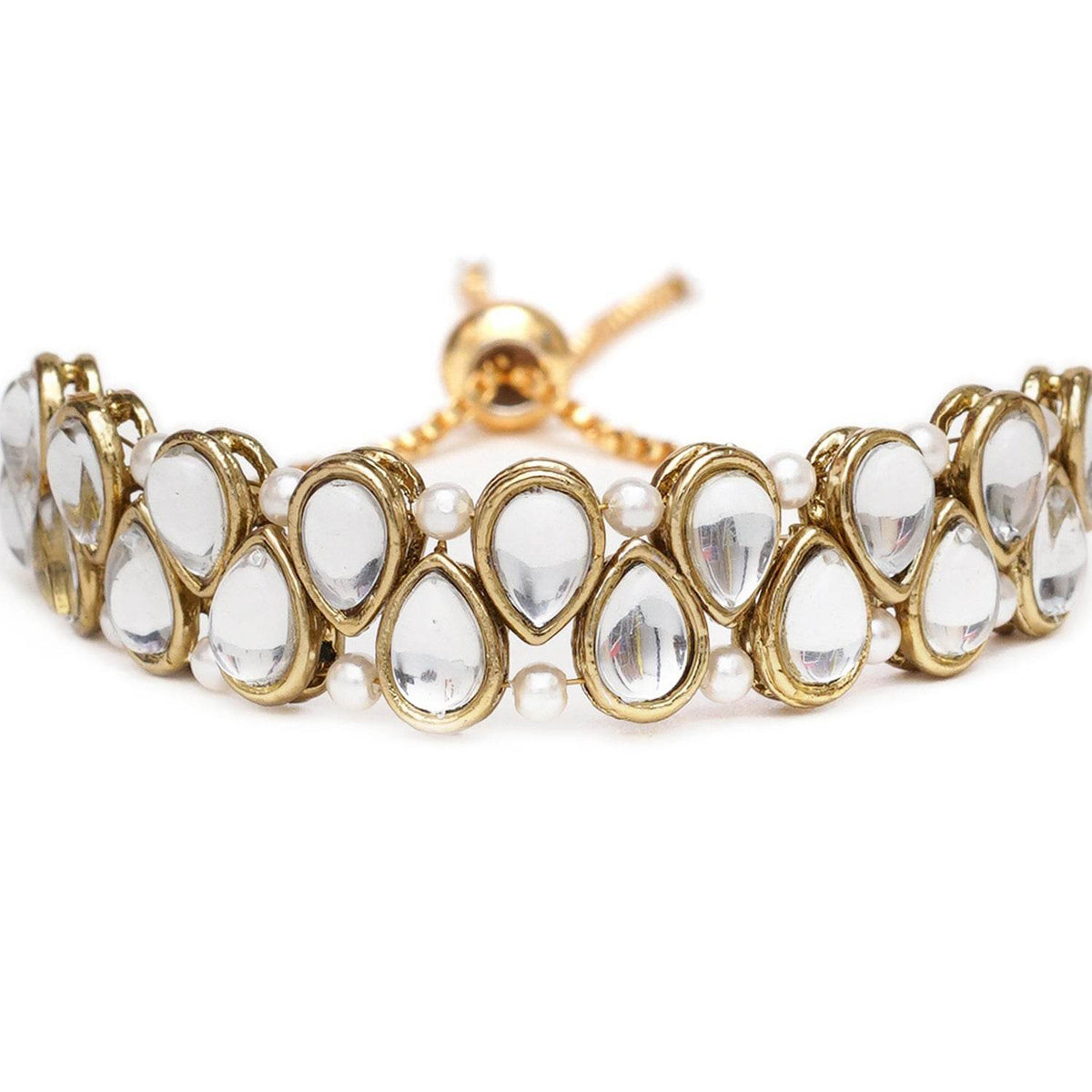 Golden Double Layer Tilak Kundan With White Pearls Adjustable Bracelet - BeAbhika.com