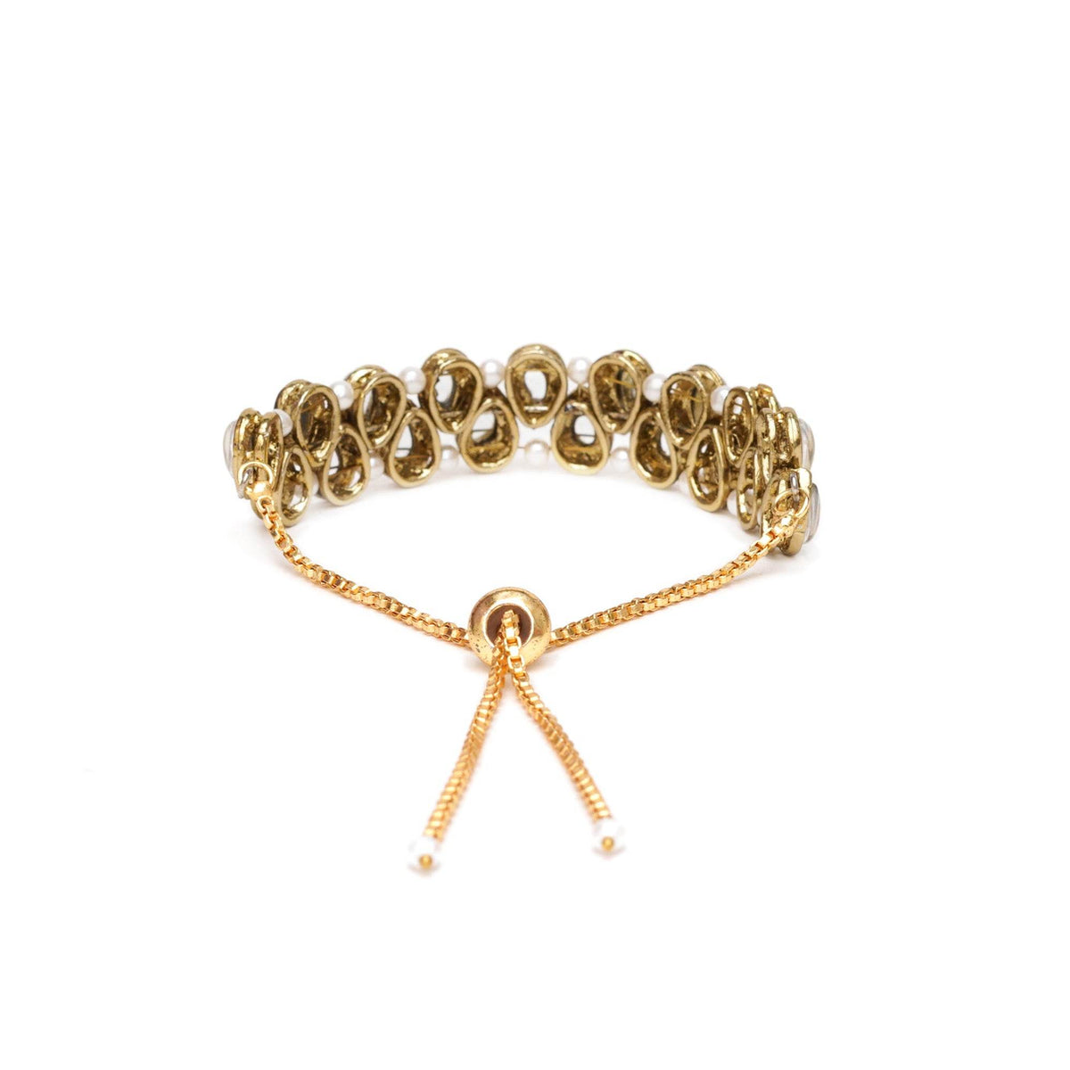 Golden Double Layer Tilak Kundan With White Pearls Adjustable Bracelet - BeAbhika.com