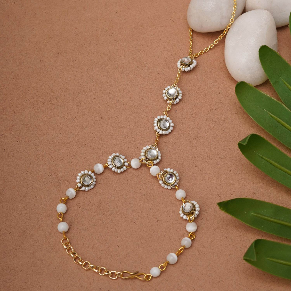 Golden Round Kundan With White Pearls Adjustable Hathphool Bracelet - BeAbhika.com