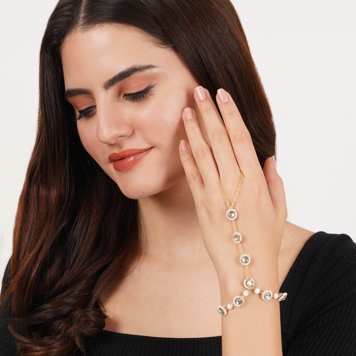 Golden Round Kundan With White Pearls Adjustable Hathphool Bracelet - BeAbhika.com