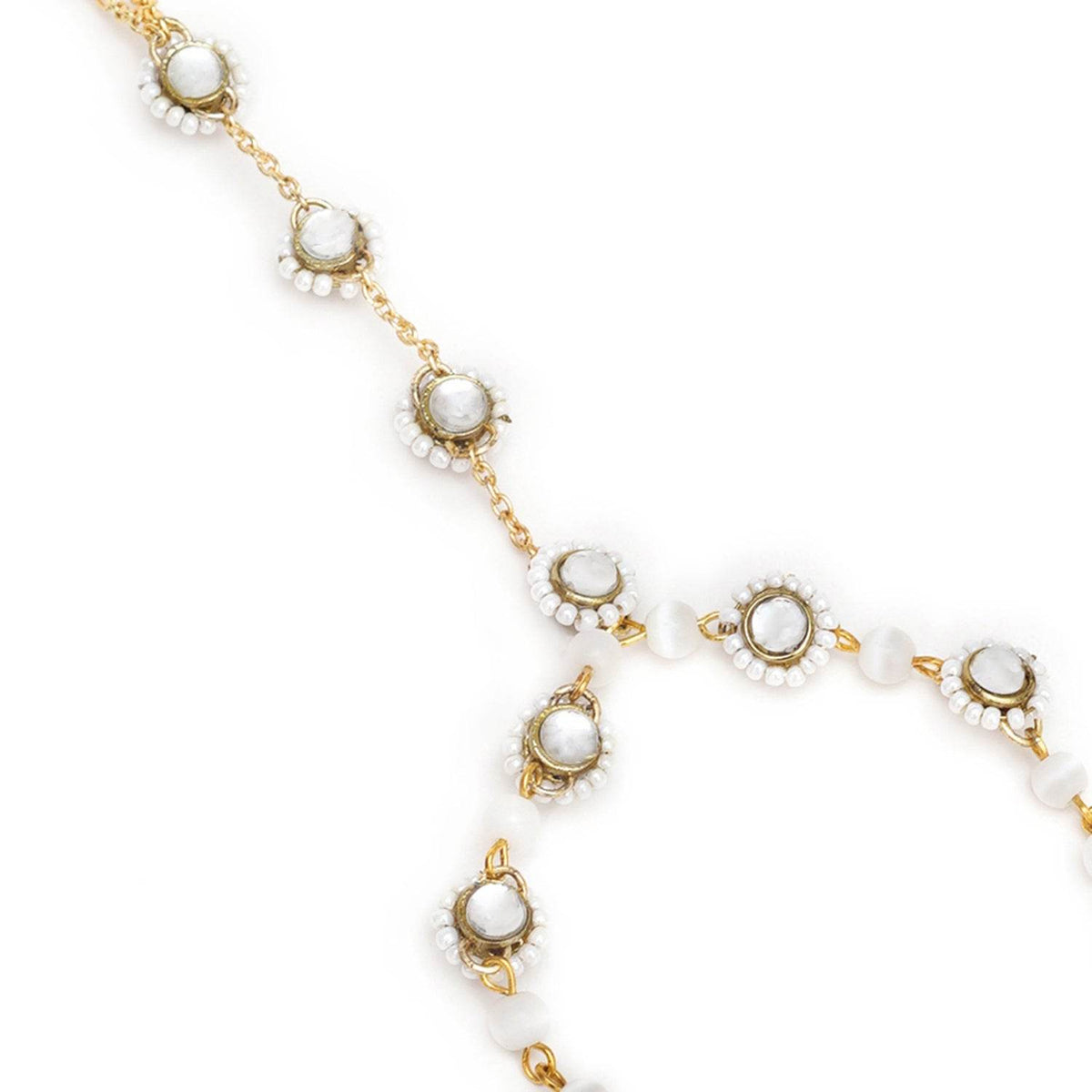 Golden Round Kundan With White Pearls Adjustable Hathphool Bracelet - BeAbhika.com