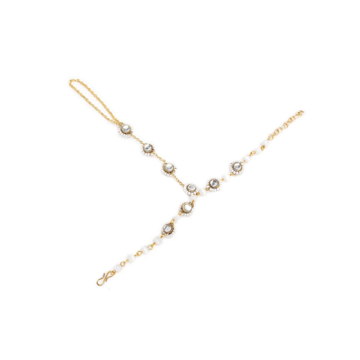 Golden Round Kundan With White Pearls Adjustable Hathphool Bracelet - BeAbhika.com