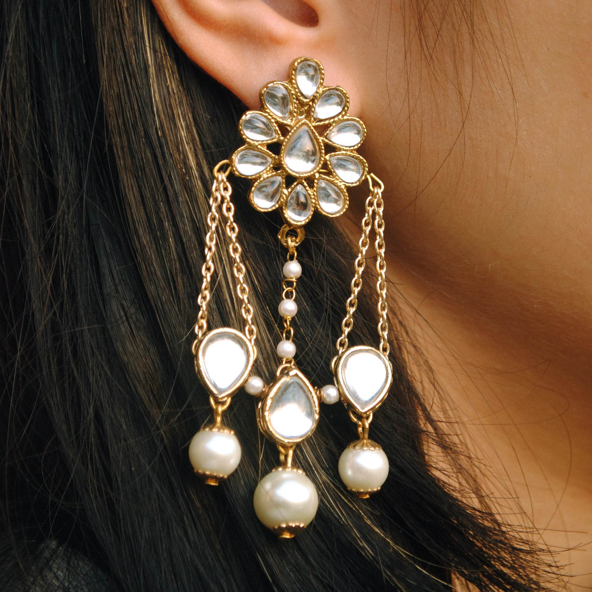 Traditional Kundan earrings in gold-tone, perfect for weddings and festive wear