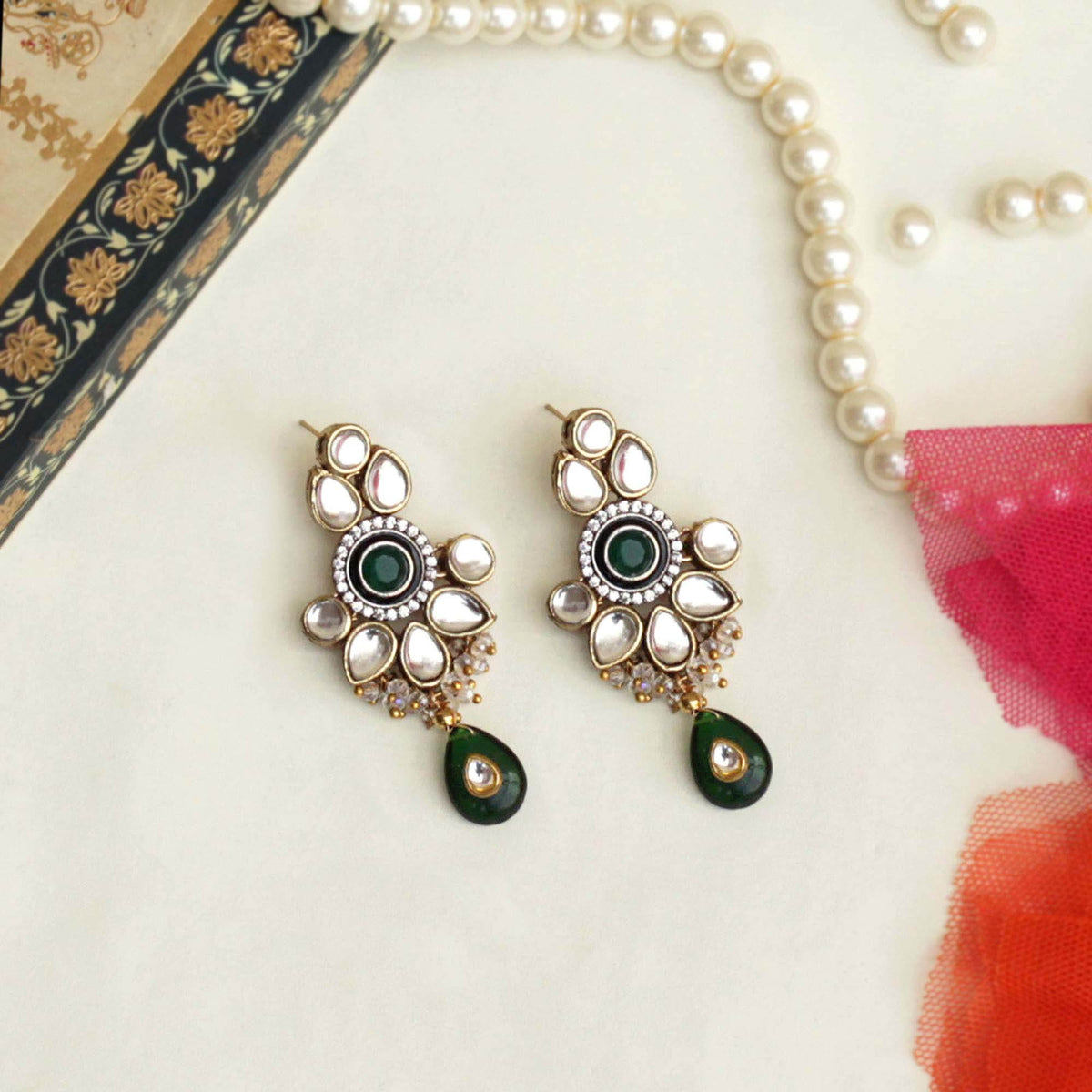 Green Kundan Amore Ring And Earrings Set - BeAbhika.com