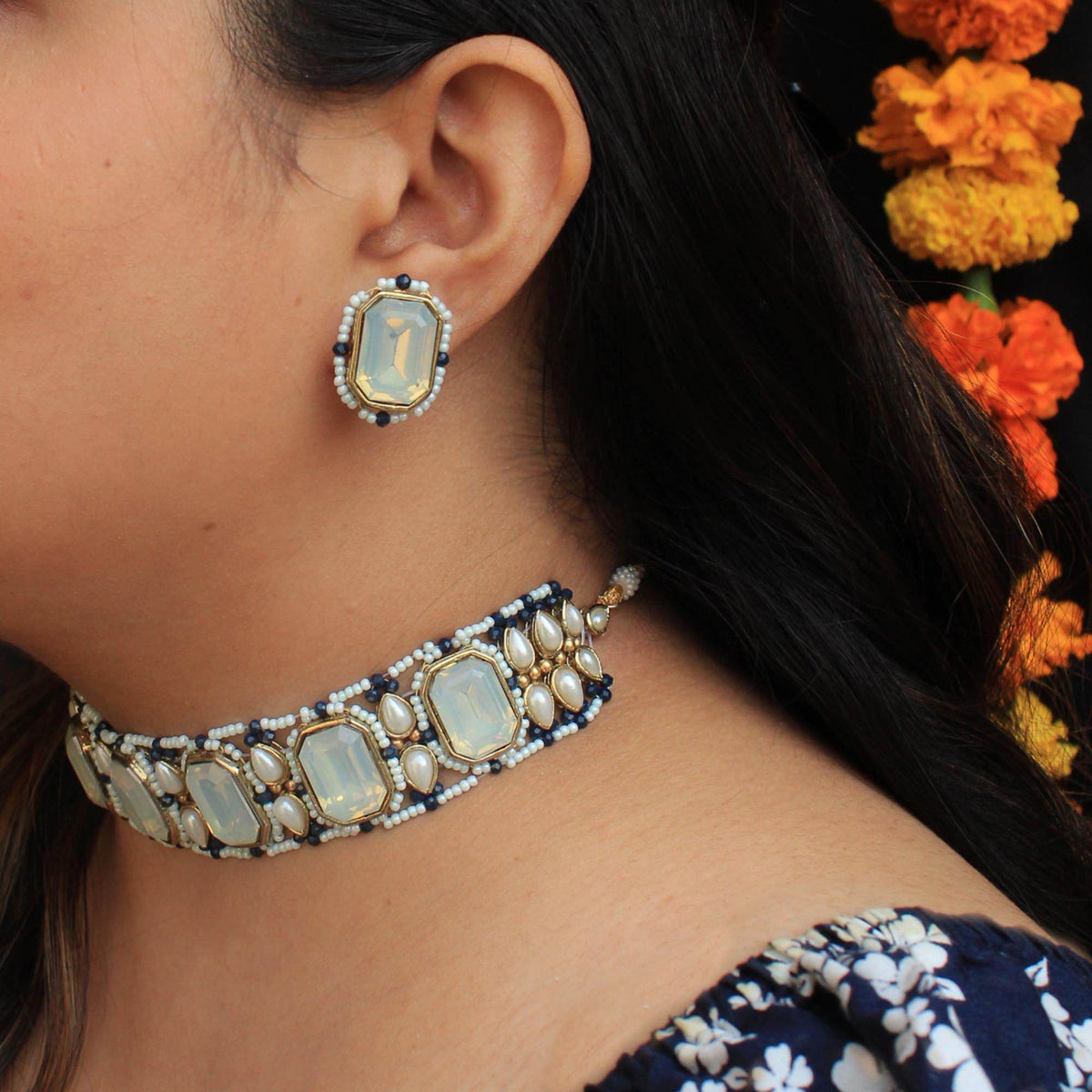 Sky Blue Crystal Ring & Earring Set - BeAbhika.com