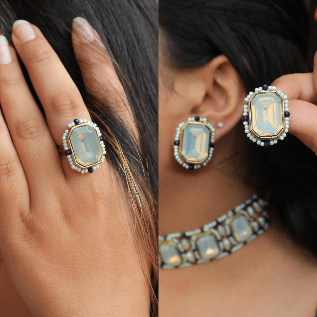 Sky Blue Crystal Ring & Earring Set - BeAbhika.com
