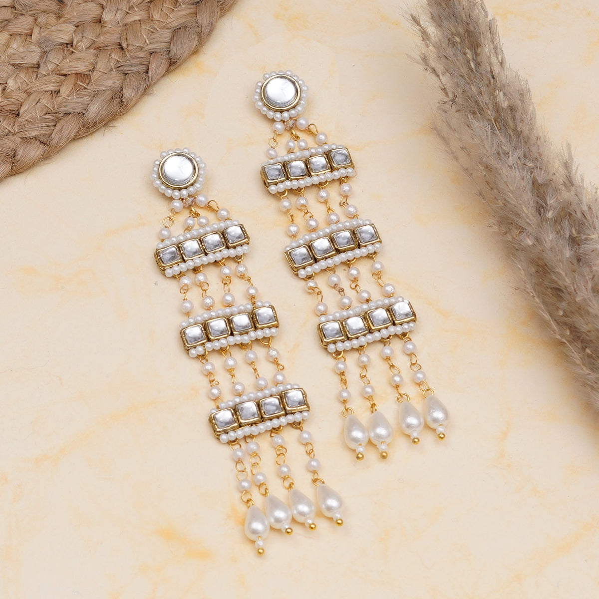 Kundan Pearl Cascade Earrings