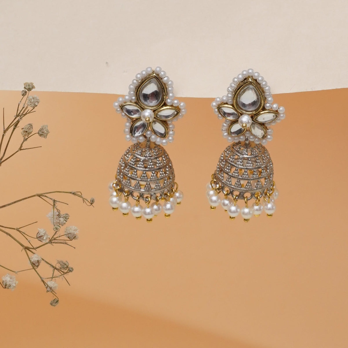 Kundan Pearl Floral Jhumki