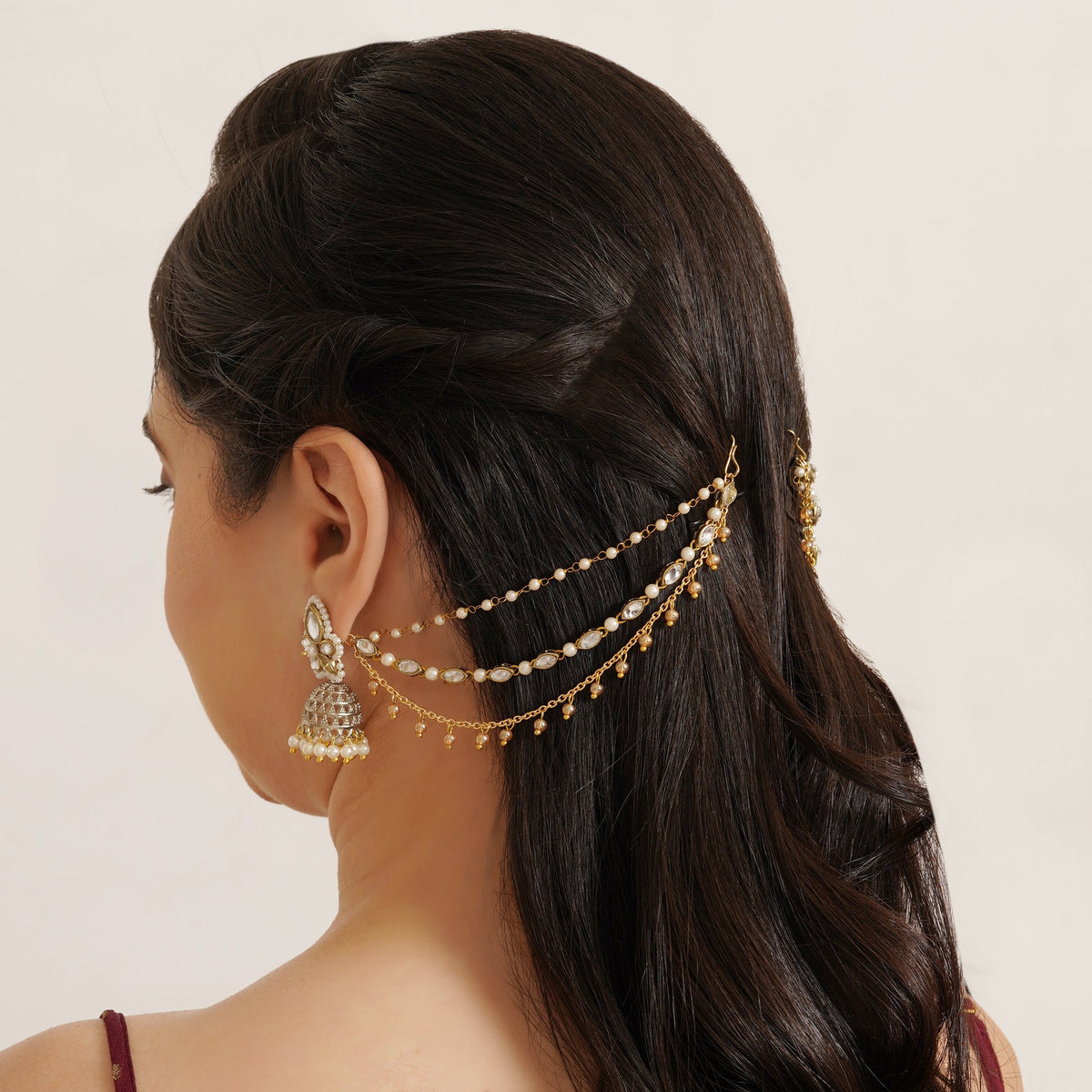 Kundan Pearl Layered Hair Chain with Golden Drops