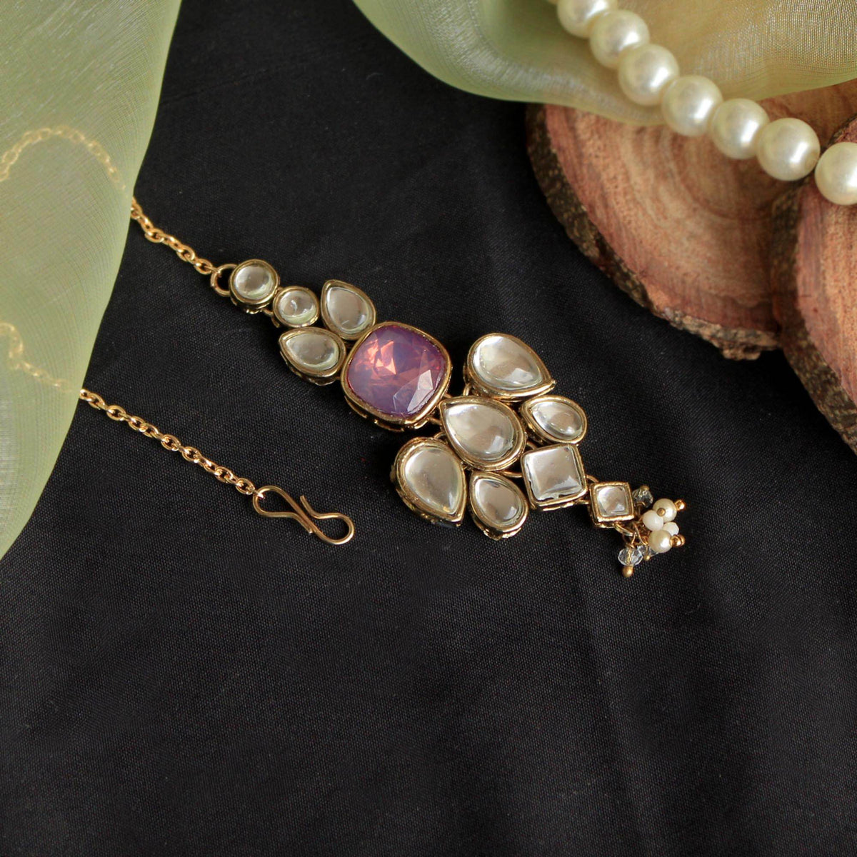 Kundan choker set in gold-tone with matching earrings and long bridal necklace, perfect for wedding functions , festive and bridal wear