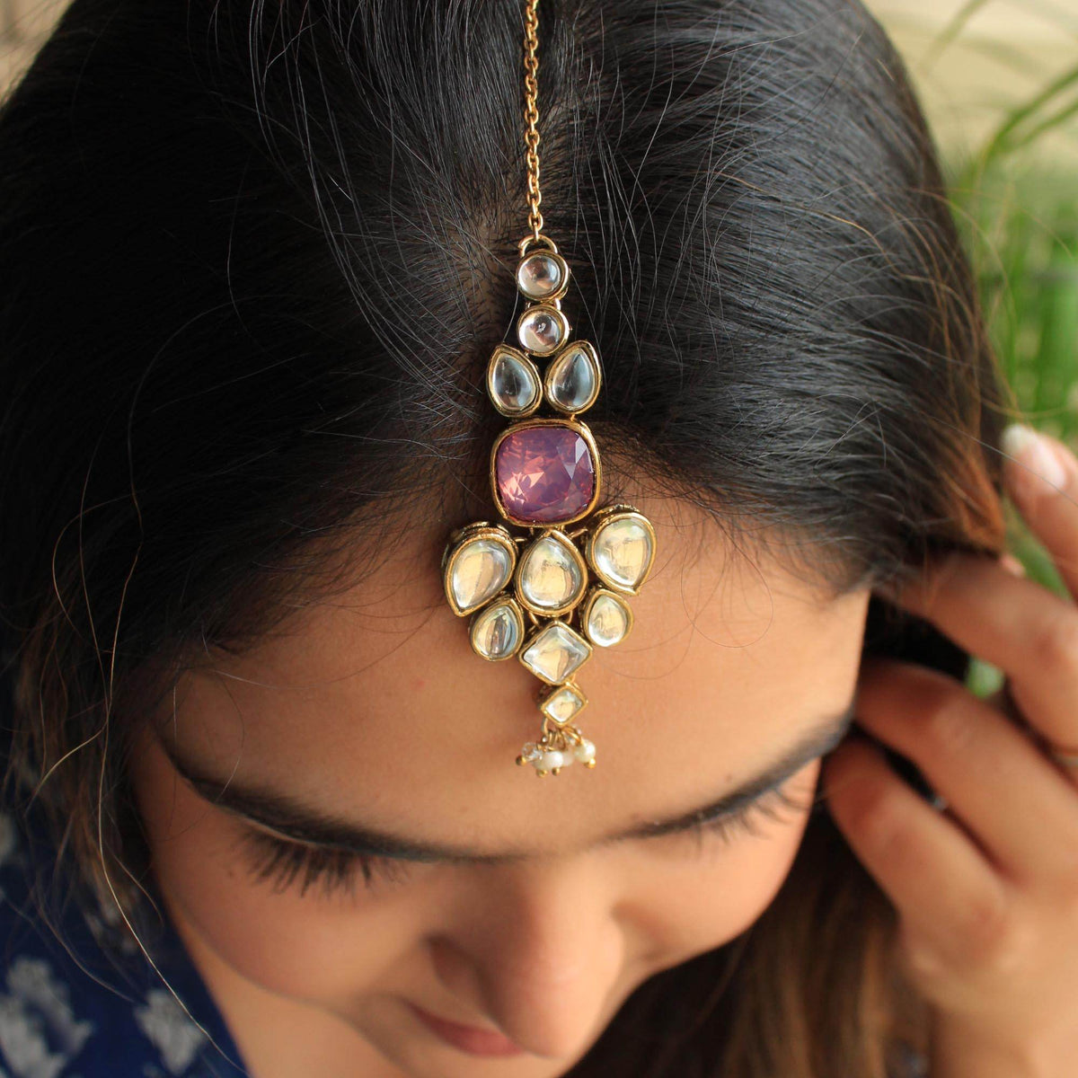 Kundan choker set in gold-tone with matching earrings and long bridal necklace, perfect for wedding functions , festive and bridal wear