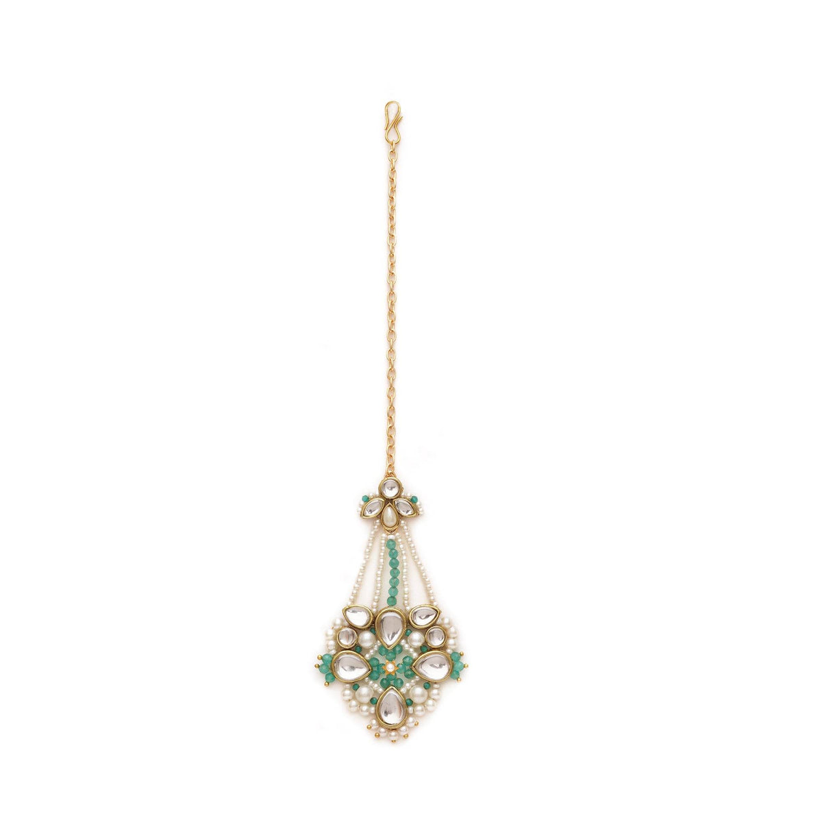 White Pearl Green Beads Maangtikka - BeAbhika.com