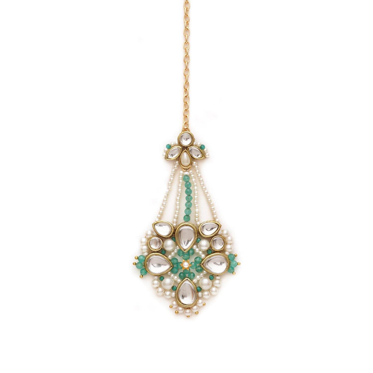 White Pearl Green Beads Maangtikka - BeAbhika.com