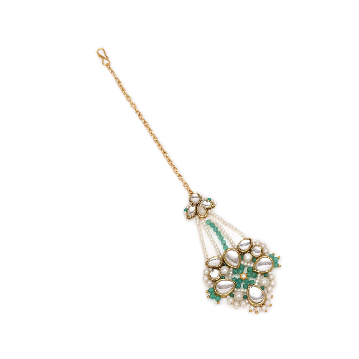White Pearl Green Beads Maangtikka - BeAbhika.com