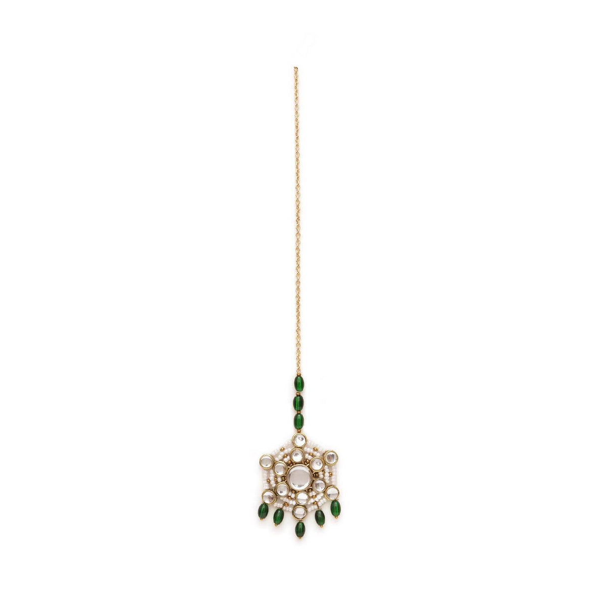 Pearl and Kundan Green Stone Maangtikka - BeAbhika.com