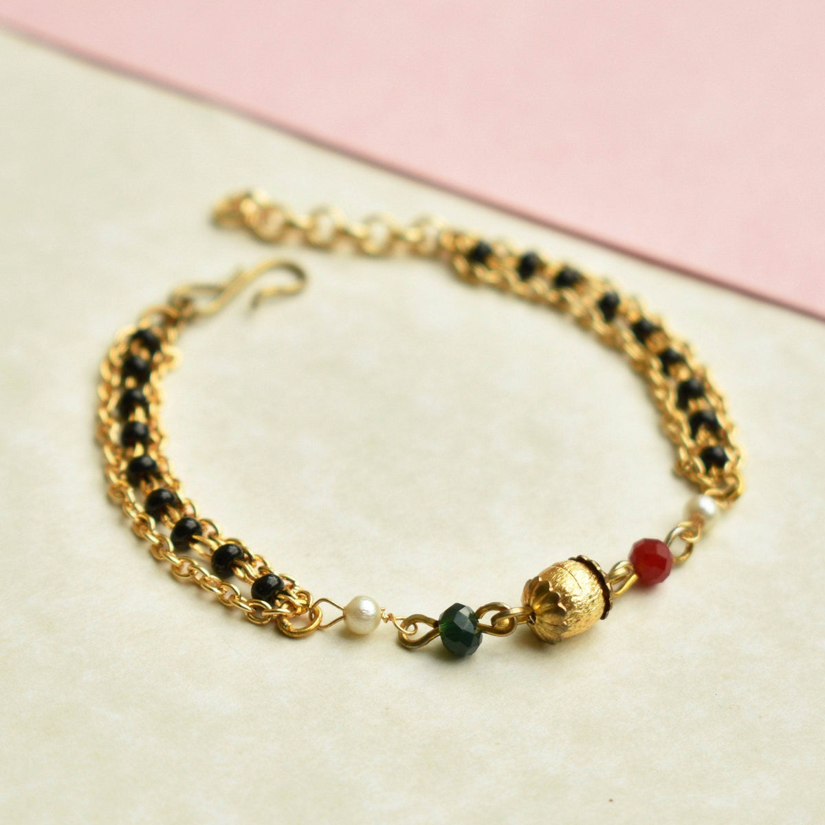 black, red, golden beads mangalsutra bracelet