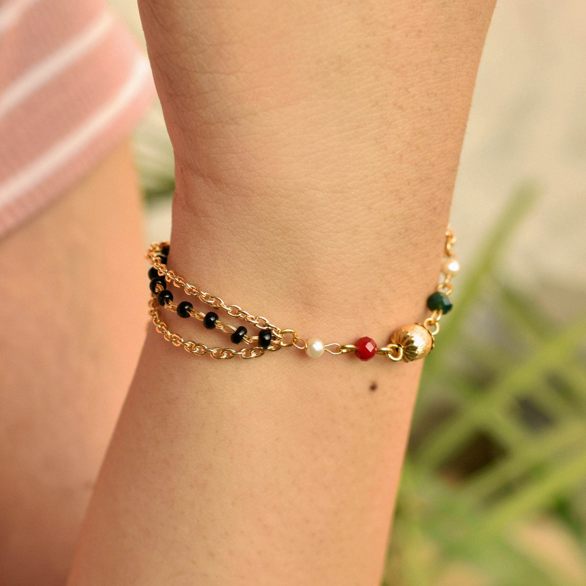 black, red, golden beads mangalsutra bracelet