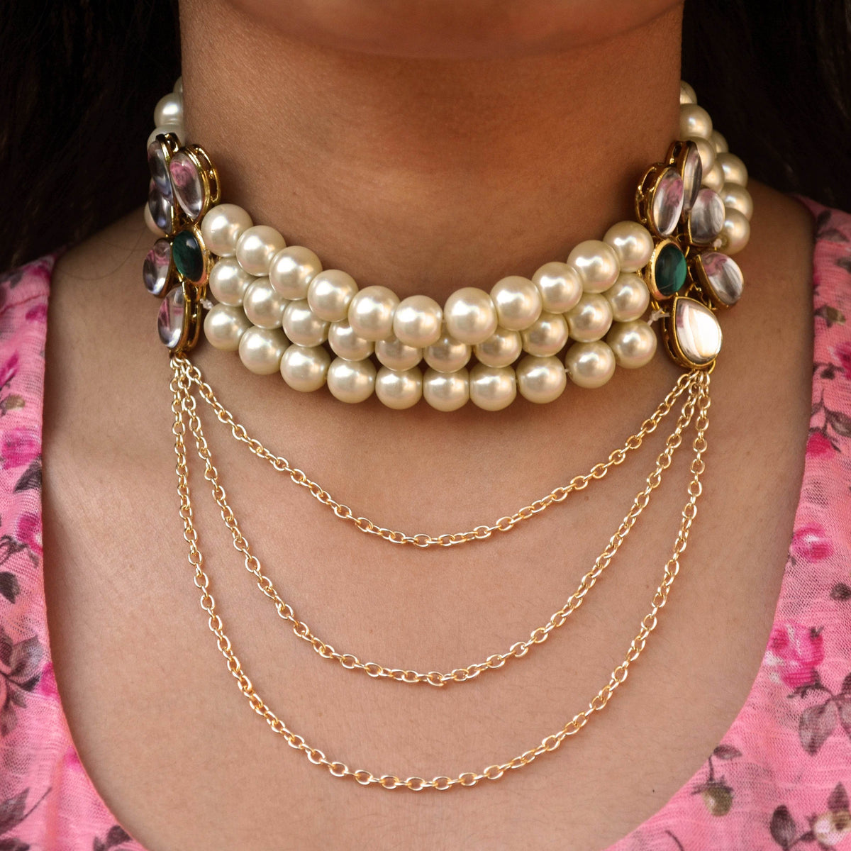 Kundan choker set in gold-tone with matching earrings and long bridal necklace, perfect for wedding functions , festive and bridal wear