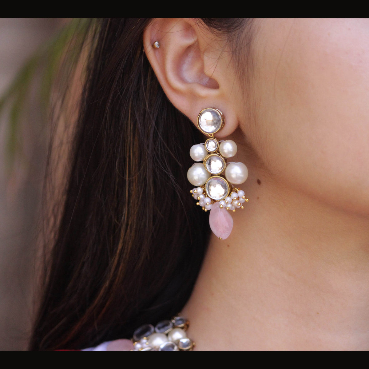 Kundan choker set in gold-tone with matching earrings and long bridal necklace, perfect for wedding functions , festive and bridal wear