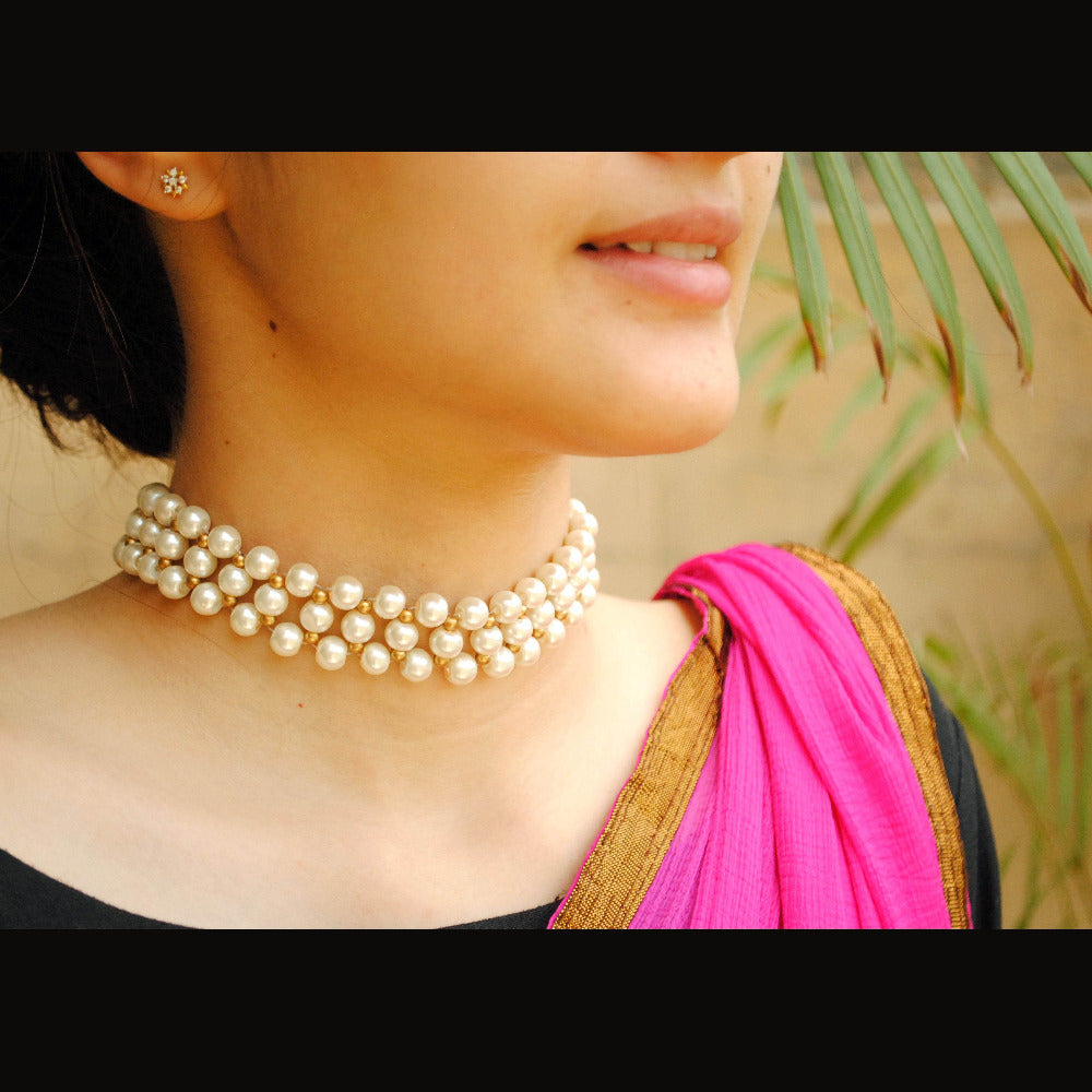 Kundan choker set in gold-tone with matching earrings and long bridal necklace, perfect for wedding functions , festive and bridal wear