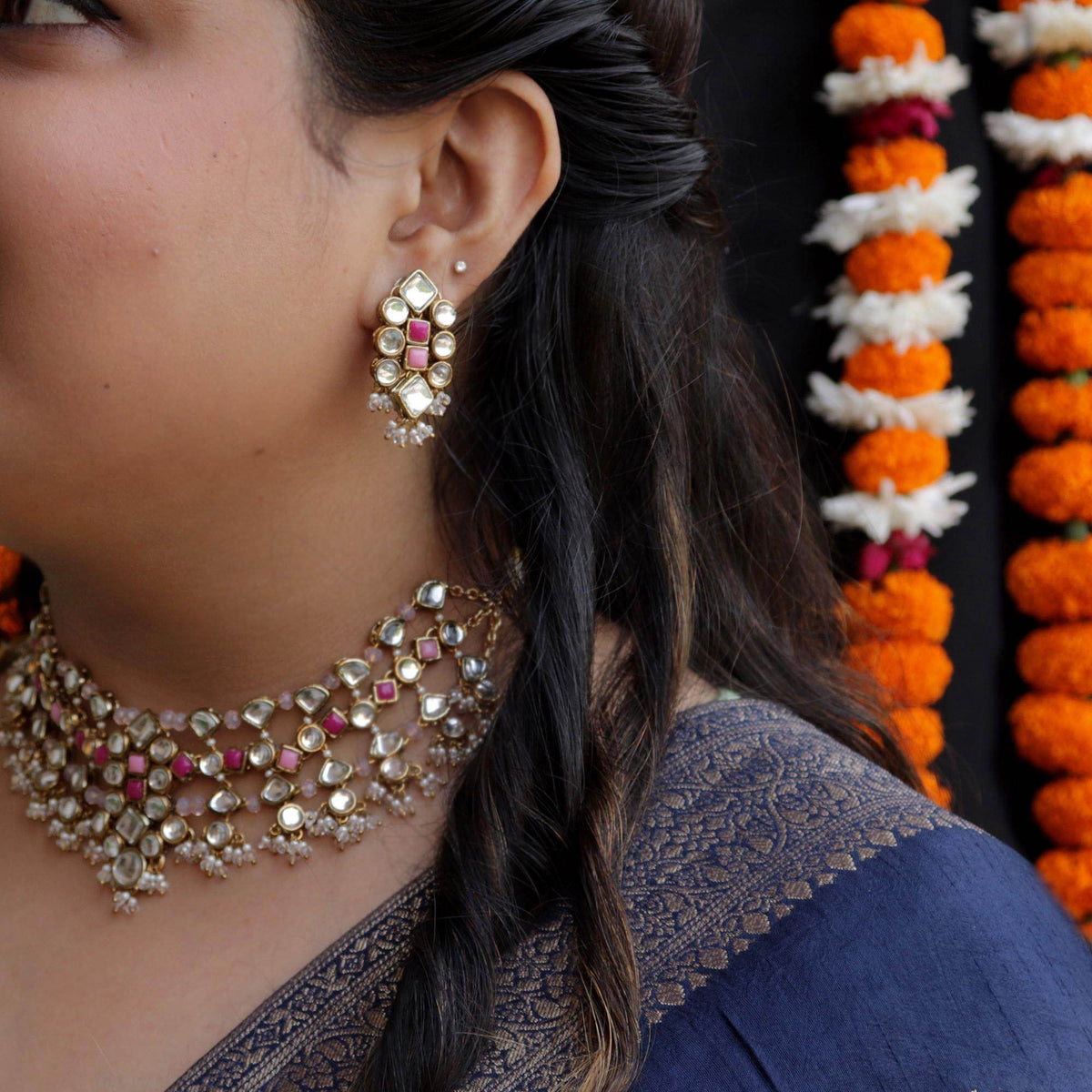 Kundan choker set in gold-tone with matching earrings and long bridal necklace, perfect for wedding functions , festive and bridal wear