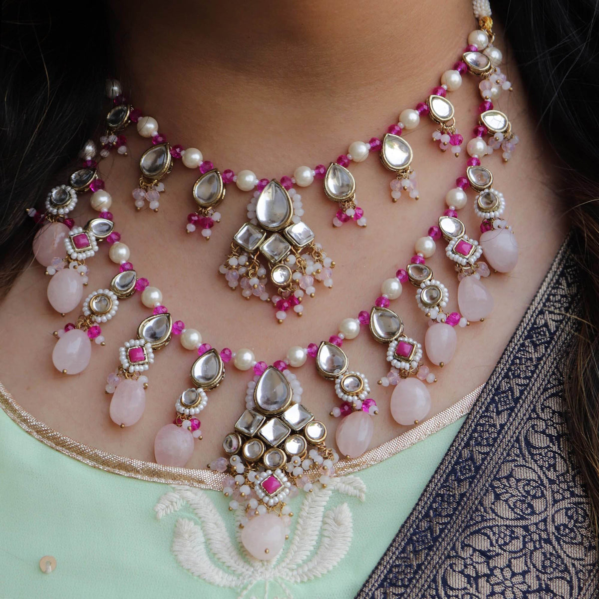 Kundan choker set in gold-tone with matching earrings and long bridal necklace, perfect for wedding functions , festive and bridal wear